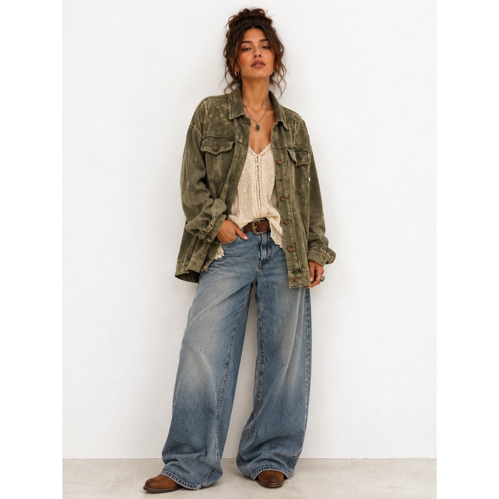 Pilcro Shirt Jacket XS Olive Green Acid Wash Utility Shacket